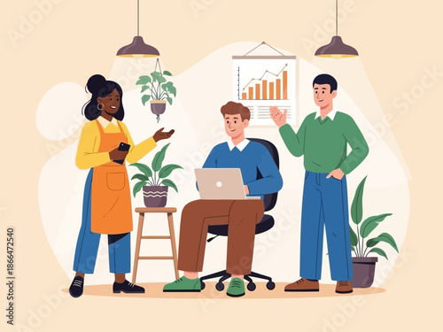 Three people working together in office with laptops and plants and graph on wall in modern interior