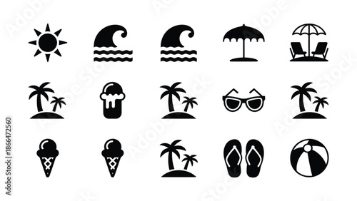Collection of black beach icons including sun wave umbrella palm tree ice cream sunglasses flip flops and beach ball on white background for summer vacation and travel