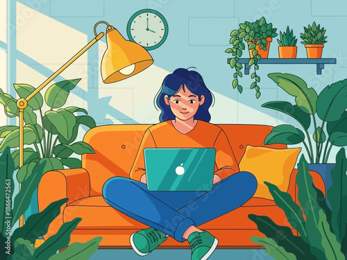 Woman sitting on orange couch with laptop surrounded by green plants and lamp in living room