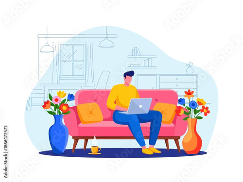 Man sitting on pink couch with laptop and coffee cup on with flowers