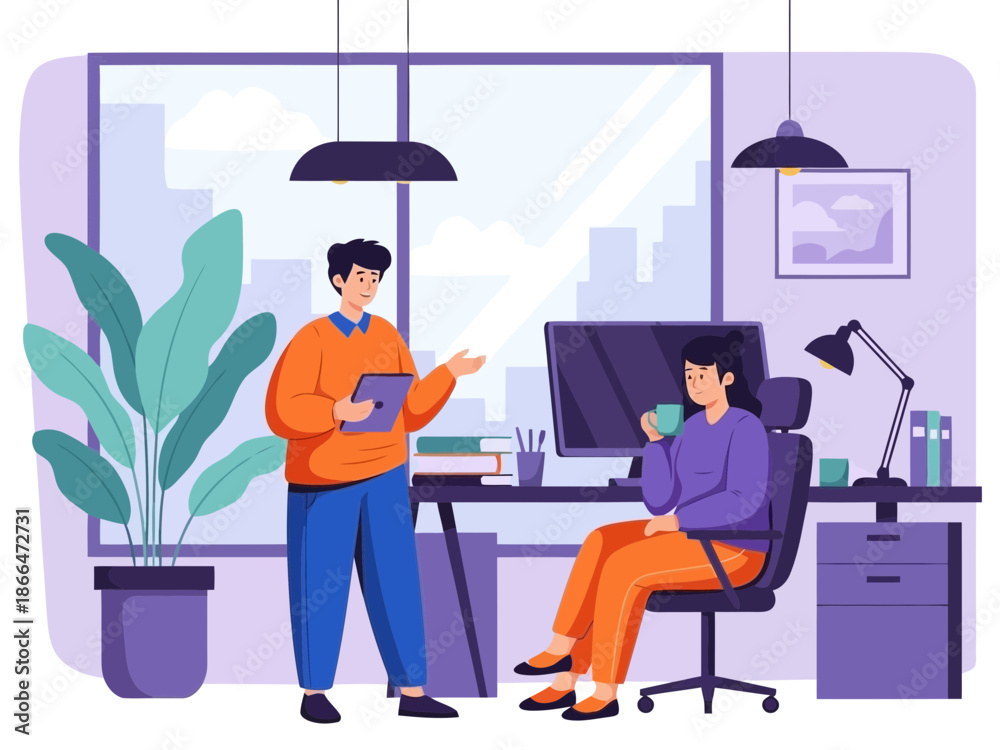 Obraz premium Office teamwork scene with colleagues working together, business collaboration and corporate workflow illustration