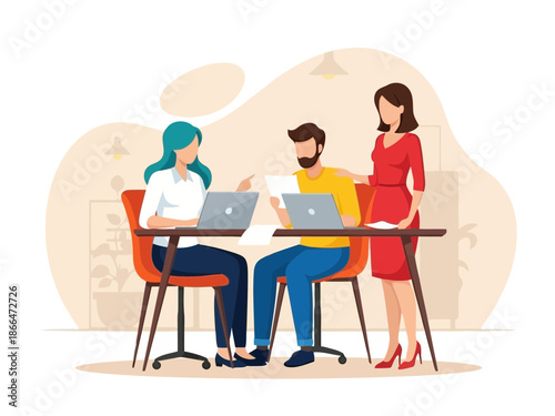 Business team discussion with professionals working on laptops, corporate meeting and collaboration illustration