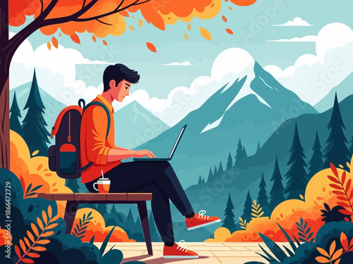Remote work in nature concept with man using laptop outdoors, digital nomad lifestyle illustration