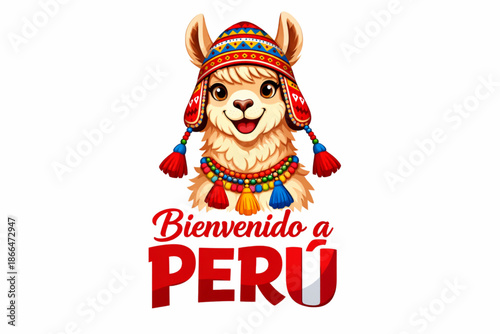 Vector illustration of llama with Andean chullo and tassel necklace on white background with text Welcome to Peru