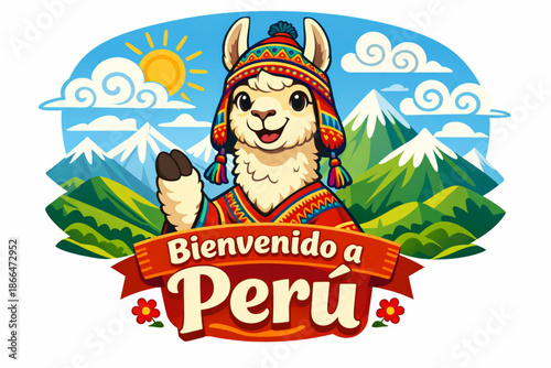 Vector illustration of llama with traditional Peruvian chullo in Andean mountains with stylized clouds and friendly text Welcome to Peru