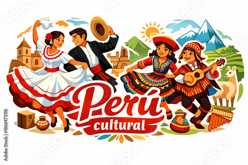 Vector illustration of Peruvian traditional dances Marinera and Huayno with stylized characters and text Peru cultural