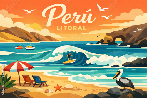 Flat illustration of the Peruvian coast with beaches waves and graphic style text Peru litoral