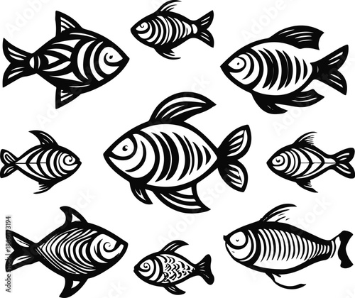 Decorative fish logo collection in monochrome vector style, abstract patterns, solid black fills, sharp outlines, scalable SVG, Adobe Stock compliant 1