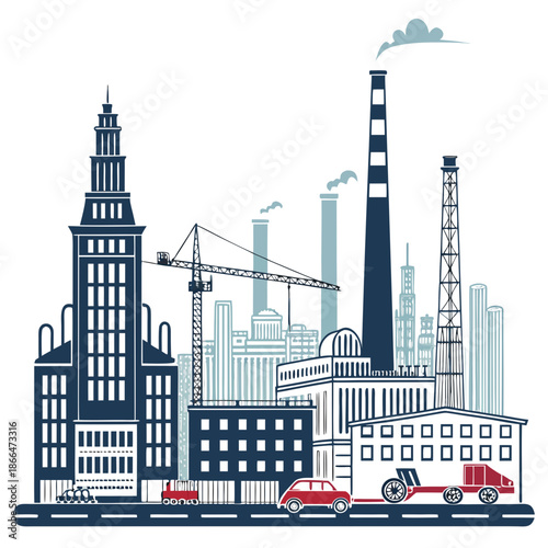 Industrial cityscape with factory buildings and vehicles