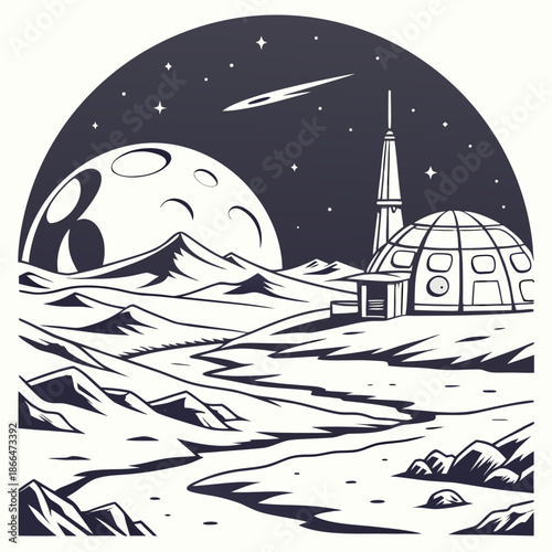 Lunar colony with spaceship