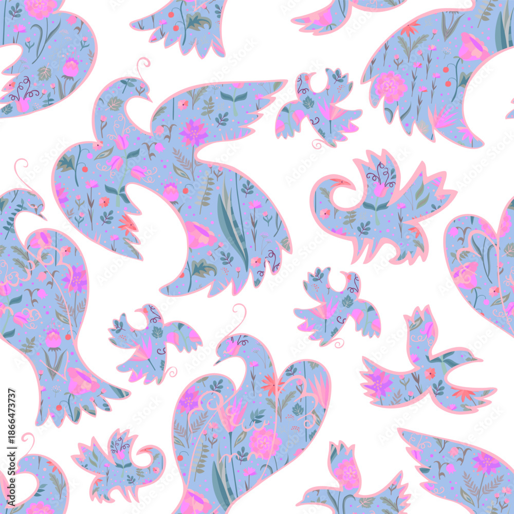Fototapeta premium Delicate seamless pattern with beautiful birds filling by flowers