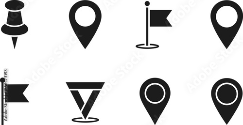 Map navigation and location marker icons set including pins, flags, and pointers, black silhouette flat vector illustration for GPS, travel, mapping, and user interface design concepts