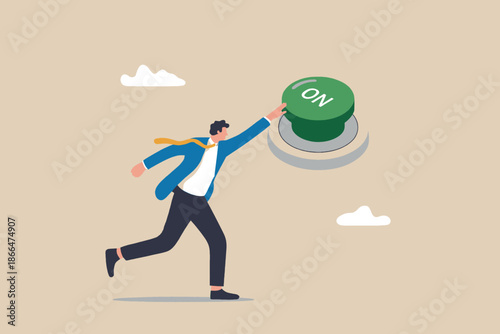 Businessman running to press the start button to begin a new project or opportunity