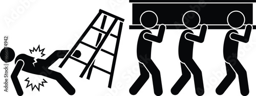 Worker falling off ladder while colleagues carry heavy object