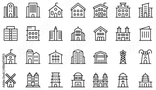 Buildings and urban environment line icons for maps and interfaces
