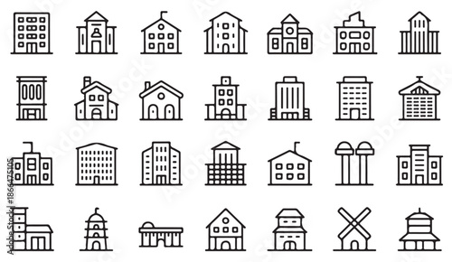 Urban infrastructure and residential building line icon set in minimal style