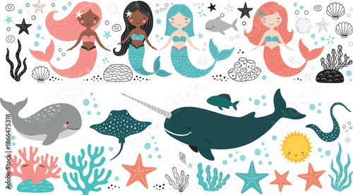 Cute mermaids and sea animals illustration set with whales narwhal coral shells stars in flat cartoon vector style