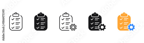 Checklist clipboard icons with settings gear and check mark symbol in outline and solid styles. for task management, to do list and automation, process optimization, and smart workflow symbols