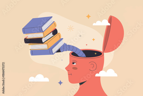 The knowledge pouring into the open mind from a stack of books