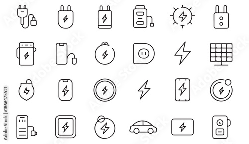 Energy and electricity outline icons with battery charging and power symbols
