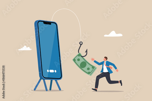 Man chasing money bait on fishing hook from smartphone screen