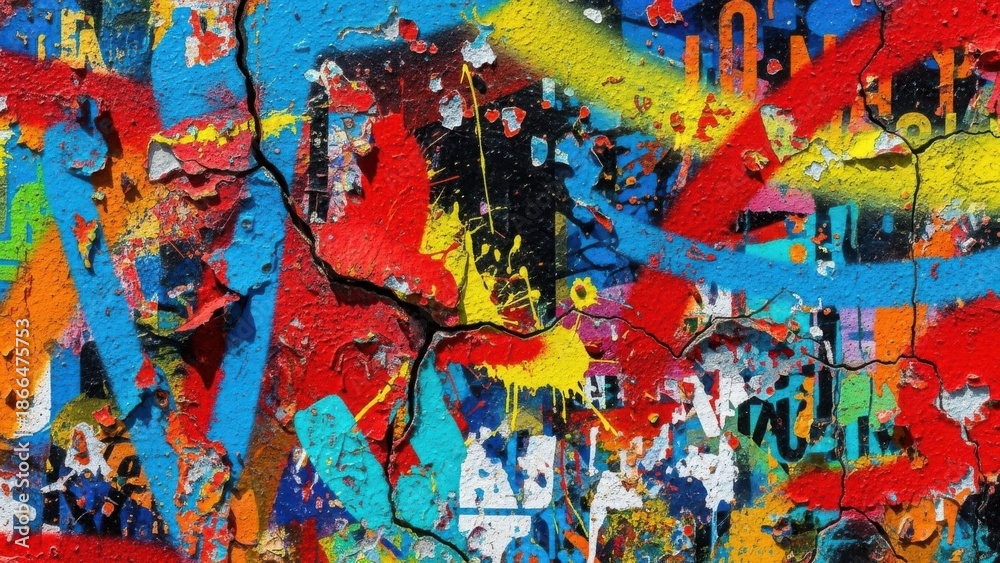 Fototapeta premium Vibrant colorful graffiti wall texture background with cracks and paint splatters