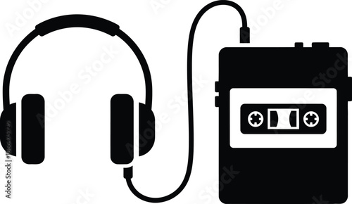 Retro Portable Cassette Tape Player and Over-Ear Headphones Silhouette Vector Illustration