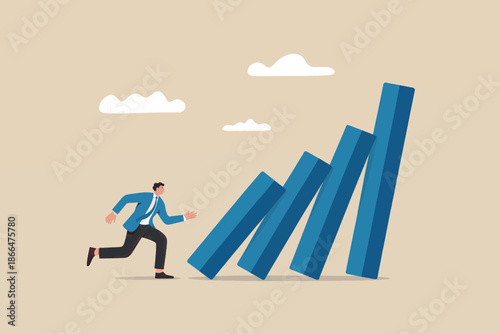 Businessman running towards success as dominoes fall