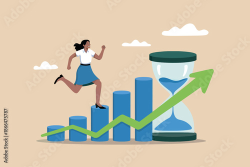 Woman running up graph bars with hourglass and upward arrow