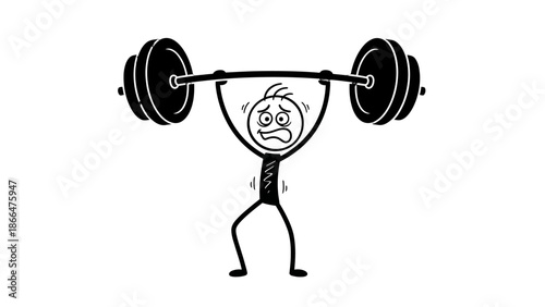 Exhausted stick figure struggling to lift a heavy barbell overhead, showing intense effort and a shocked, strained expression on an isolated white background.