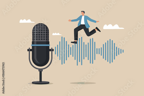 Man running on sound wave next to microphone for podcasting and audio broadcasting