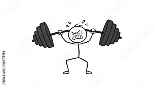 Exhausted stick figure struggling with a heavy barbell, showing extreme effort and strained expression while weightlifting on an isolated white background.