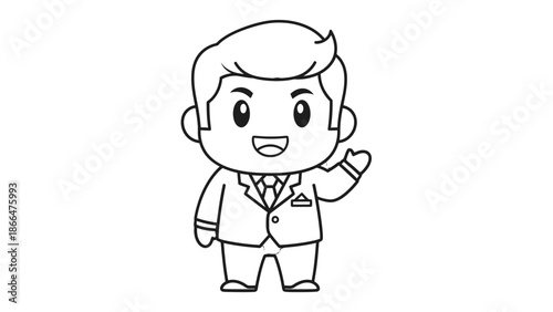 Friendly cartoon boy businessman smiling and waving hand with a welcoming gesture on an isolated white background.