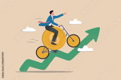 Businessman riding a bicycle with a gold coin wheel on a green upward arrow path, symbolizing financial growth and success.