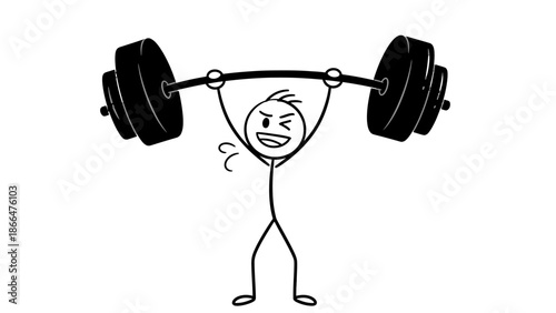 Happy and Strong Stick Figure Man Winking While Easily Lifting Heavy Weights with Triumph on Isolated White Background