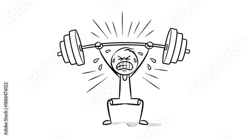 Stick Figure Man Struggling with Tremendous Effort and Gritting Teeth While Lifting Weights on Isolated White Background