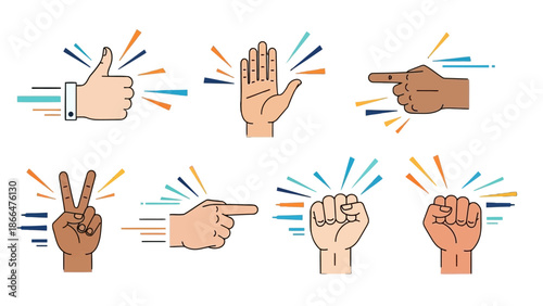 Diverse Cartoon Hand Gestures Collection with Different Skin Tones Showing Communication and Expression on Isolated White Background