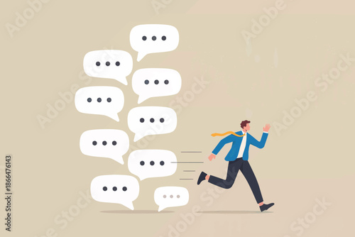 Stressed businessman running away from constant online comments and pressure