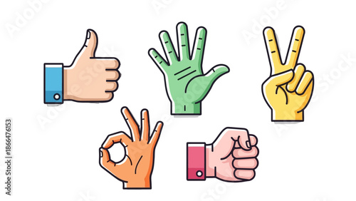 Collection of Cartoon Hand Gestures Including Thumbs Up, Peace Sign, OK, and Fist on Isolated White Background