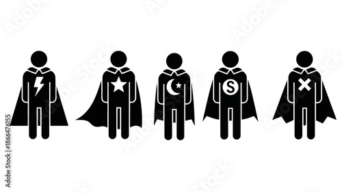 Diverse Group of Superhero Stick Figure People Standing United with Various Symbols on Capes on Isolated White Background