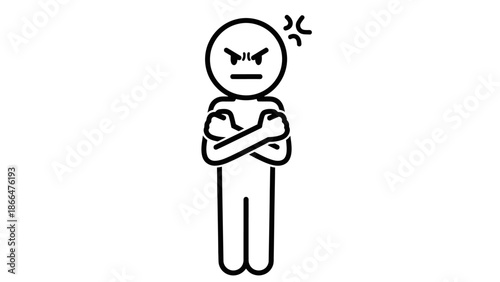 Annoyed stick figure man standing with arms crossed and an angry, grumpy expression, showing disapproval, on an isolated white background.