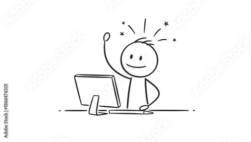 Satisfied Stick Figure Man Raising Hand with Great Idea or Successful Solution at Computer, Isolated White Background