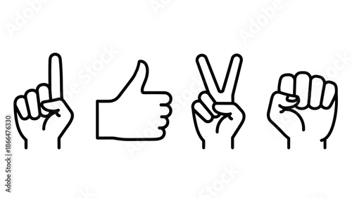 Set of Outline Hand Gestures Including Point Up, Thumbs Up, Peace Sign, and Clenched Fist on Isolated White Background