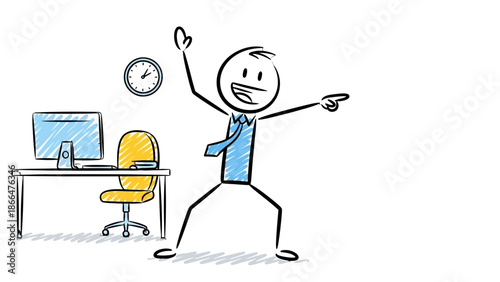 Excited Stick Figure Man Happily Pointing and Celebrating Success at Office Desk, in Bright Studio