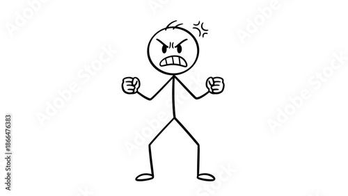 Frustrated Stick Figure Man Standing Angrily with Fists Clenched, Expressing Annoyance, Isolated White Background
