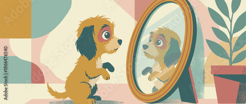 Cute brown puppy dog character illustration stands on its hind legs looking curiously at its own reflection in a vintage oval mirror in a charming, retro-style graphic artwork