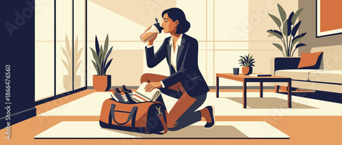 Businesswoman in a suit kneeling on the floor packs her gym bag with sneakers and a towel while drinking from a shaker bottle in her modern living room