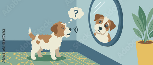 Curious brown and white puppy dog barks at its own surprised reflection in a mirror, with a question mark showing its confusion in a modern flat illustration