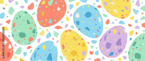 Colorful Easter eggs with a modern terrazzo pattern create a festive and cheerful seamless design for spring holiday celebrations, featuring a vibrant pastel color palette
