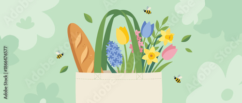 Fabric shopping bag holding fresh bread and a vibrant bouquet of spring flowers like tulips and daffodils in a charming vector illustration with flying bumblebees